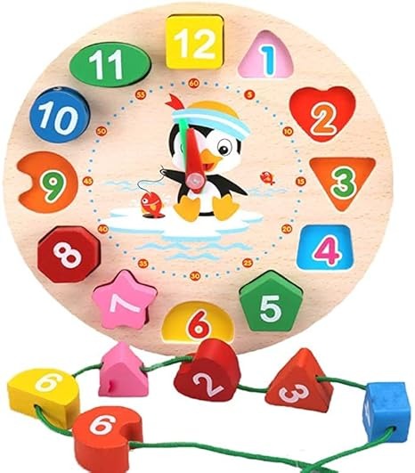 Wudly Wooden Learning Clock Toy with Lacing numbers. Time Learning Clock Puzzle for kids. Shapes and Colour Sorting & Stacking Learning Montessori Toy for 2 + Year Kids. 14 Pieces Set. Child Safe Certified.(Multicolor)