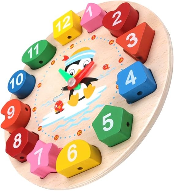 Wudly Wooden Learning Clock Toy with Lacing numbers. Time Learning Clock Puzzle for kids. Shapes and Colour Sorting & Stacking Learning Montessori Toy for 2 + Year Kids. 14 Pieces Set. Child Safe Certified.(Multicolor)