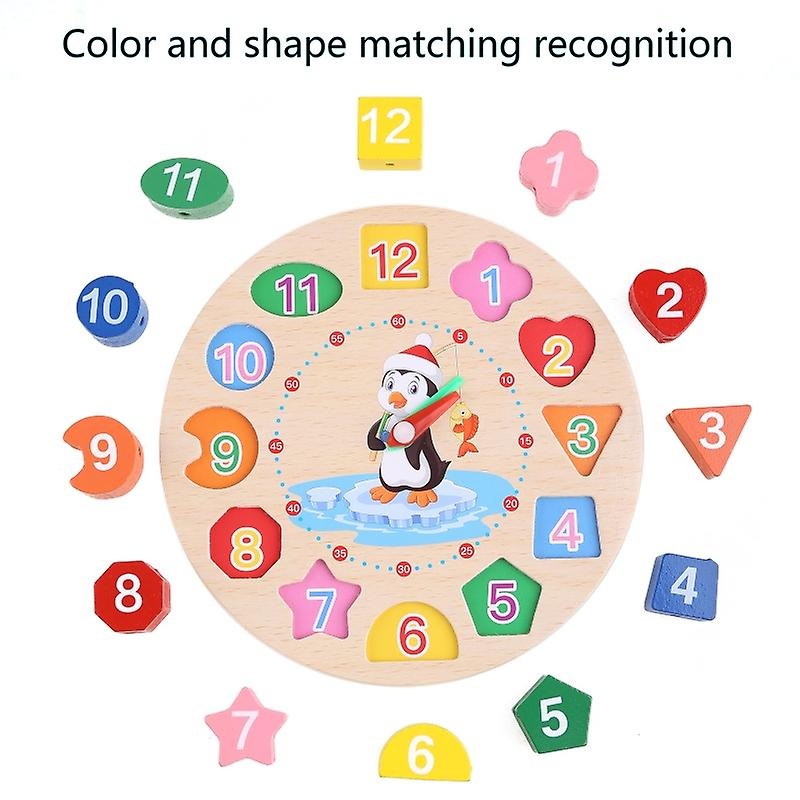 Wudly Wooden Learning Clock Toy with Lacing numbers. Time Learning Clock Puzzle for kids. Shapes and Colour Sorting & Stacking Learning Montessori Toy for 2 + Year Kids. 14 Pieces Set. Child Safe Certified.(Multicolor)