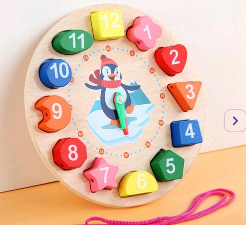 Wudly Wooden Learning Clock Toy with Lacing numbers. Time Learning Clock Puzzle for kids. Shapes and Colour Sorting & Stacking Learning Montessori Toy for 2 + Year Kids. 14 Pieces Set. Child Safe Certified.(Multicolor)