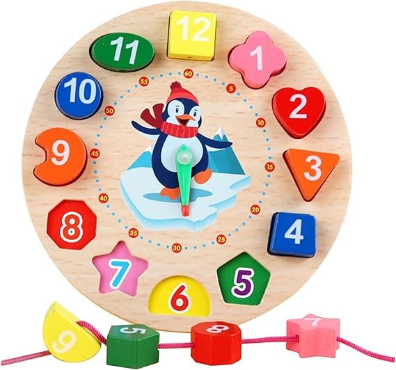 Wudly Wooden Learning Clock Toy with Lacing numbers. Time Learning Clock Puzzle for kids. Shapes and Colour Sorting & Stacking Learning Montessori Toy for 2 + Year Kids. 14 Pieces Set. Child Safe Certified.(Multicolor)