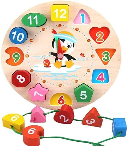 Wudly Wooden Learning Clock Toy with Lacing numbers. Time Learning Clock Puzzle for kids.  Shapes and Colour Sorting & Stacking Learning Montessori Toy for 2 + Year Kids. 14 Pieces Set. Child Safe Certified.(Multicolor)