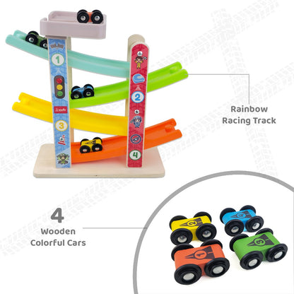 Wudly Wooden Car Ramp Racer Toy for Toddlers - 4 Levels Continuous Motion with 4 Mini Cars - Educational Toy for Fine Motor Skills, Hand-Eye Coordination, and Imaginative Play (Bright Colors)