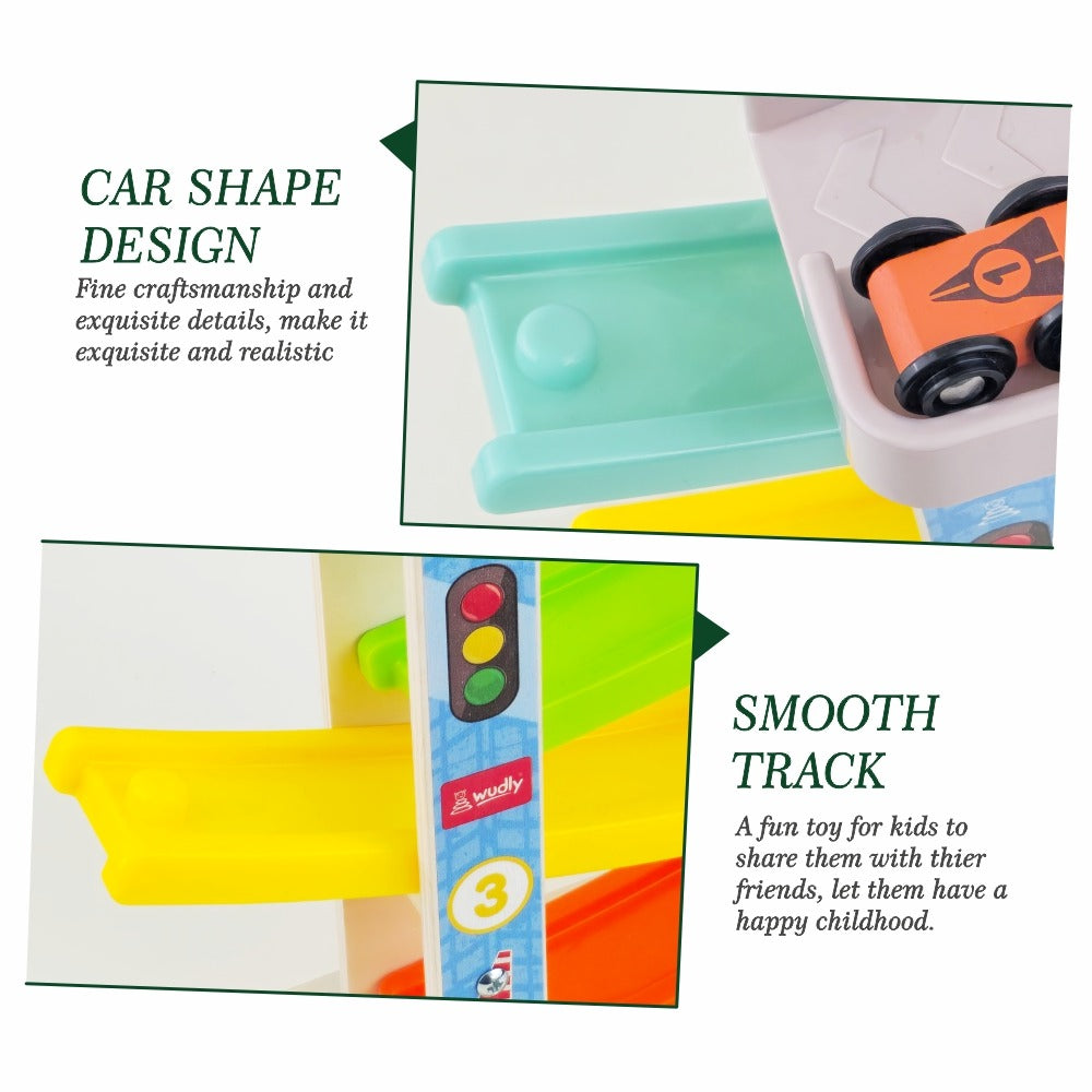 Wudly Wooden Car Ramp Racer Toy for Toddlers - 4 Levels Continuous Motion with 4 Mini Cars - Educational Toy for Fine Motor Skills, Hand-Eye Coordination, and Imaginative Play (Bright Colors)