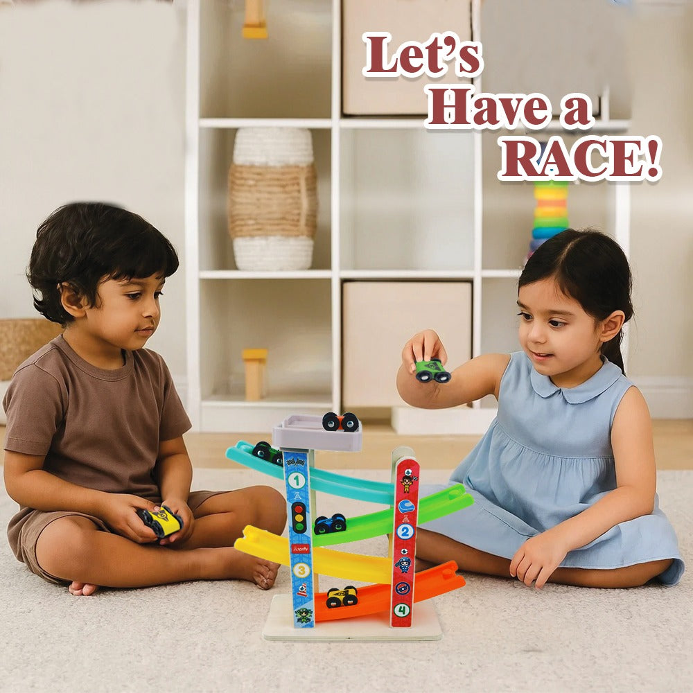 Wudly Wooden Car Ramp Racer Toy for Toddlers - 4 Levels Continuous Motion with 4 Mini Cars - Educational Toy for Fine Motor Skills, Hand-Eye Coordination, and Imaginative Play (Bright Colors)