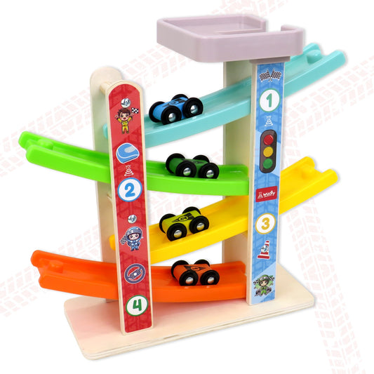 Wudly Wooden Car Ramp Racer Toy for Toddlers - 4 Levels Continuous Motion with 4 Mini Cars - Educational Toy for Fine Motor Skills, Hand-Eye Coordination, and Imaginative Play (Bright Colors)