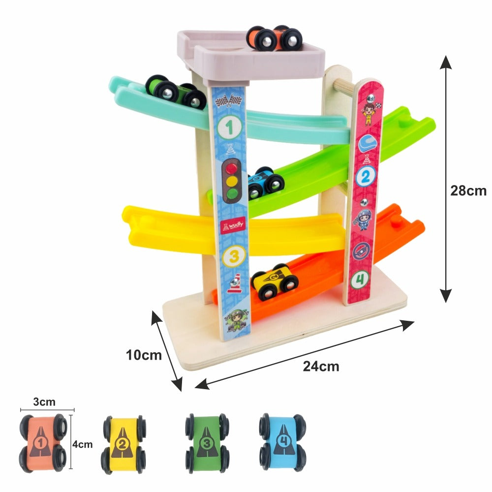 Wudly Wooden Car Ramp Racer Toy for Toddlers - 4 Levels Continuous Motion with 4 Mini Cars - Educational Toy for Fine Motor Skills, Hand-Eye Coordination, and Imaginative Play (Bright Colors)