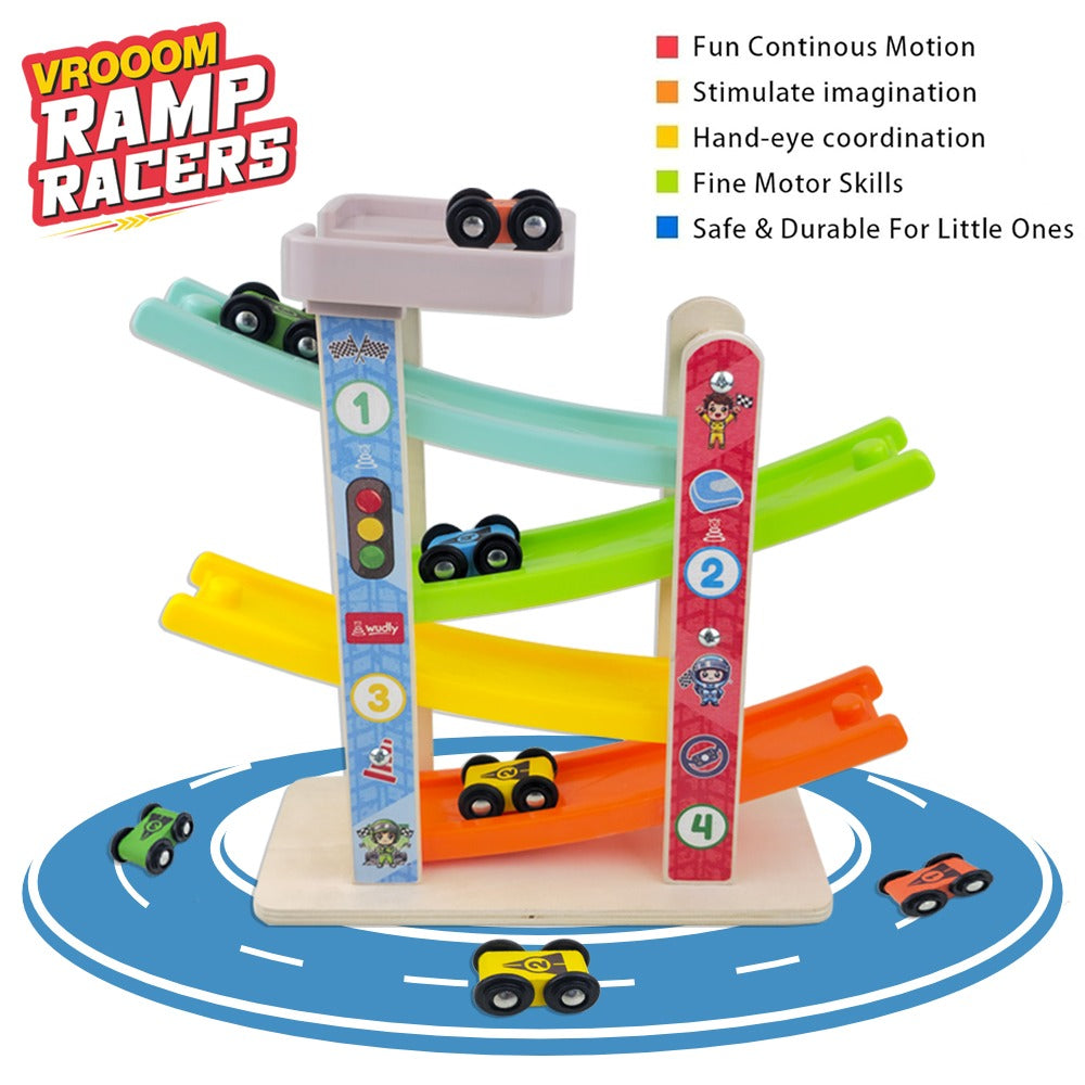 Wudly Wooden Car Ramp Racer Toy for Toddlers - 4 Levels Continuous Motion with 4 Mini Cars - Educational Toy for Fine Motor Skills, Hand-Eye Coordination, and Imaginative Play (Bright Colors)