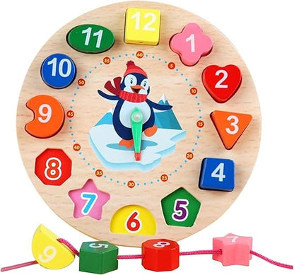 Wudly Wooden Learning Clock Toy with Lacing numbers. Time Learning Clock Puzzle for kids.  Shapes and Colour Sorting & Stacking Learning Montessori Toy for 2 + Year Kids. 14 Pieces Set. Child Safe Certified.(Multicolor)